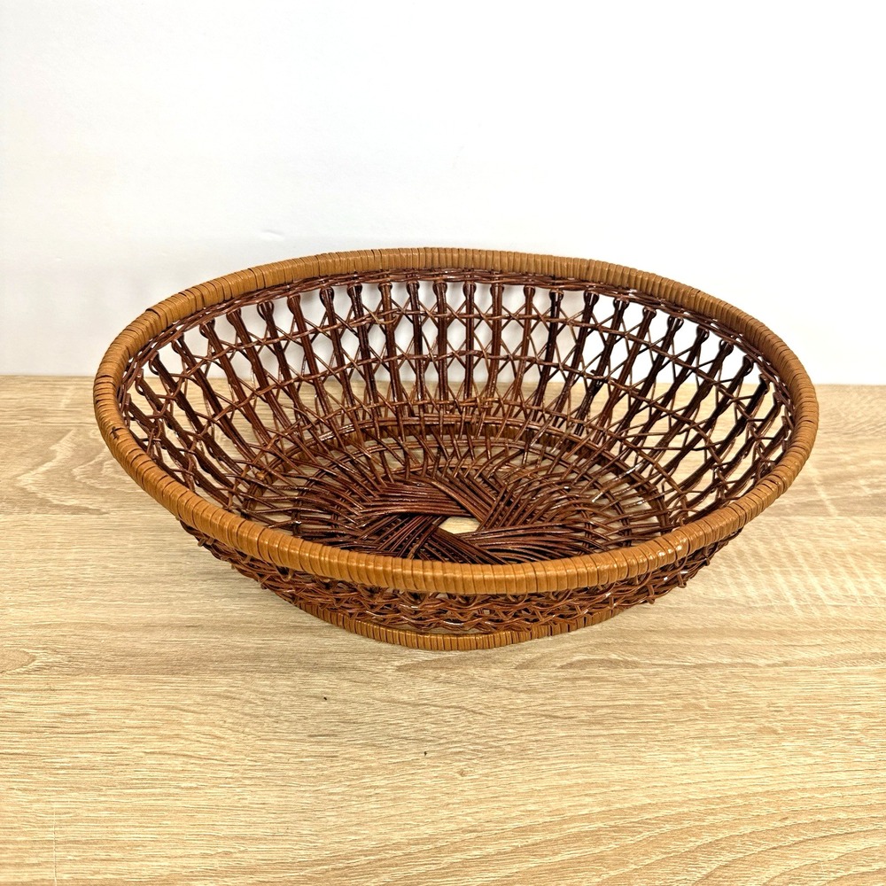 Round Woven Rattan Wicker Basket‎ Bowl Brown Boho Fruit Bread Centerpiece